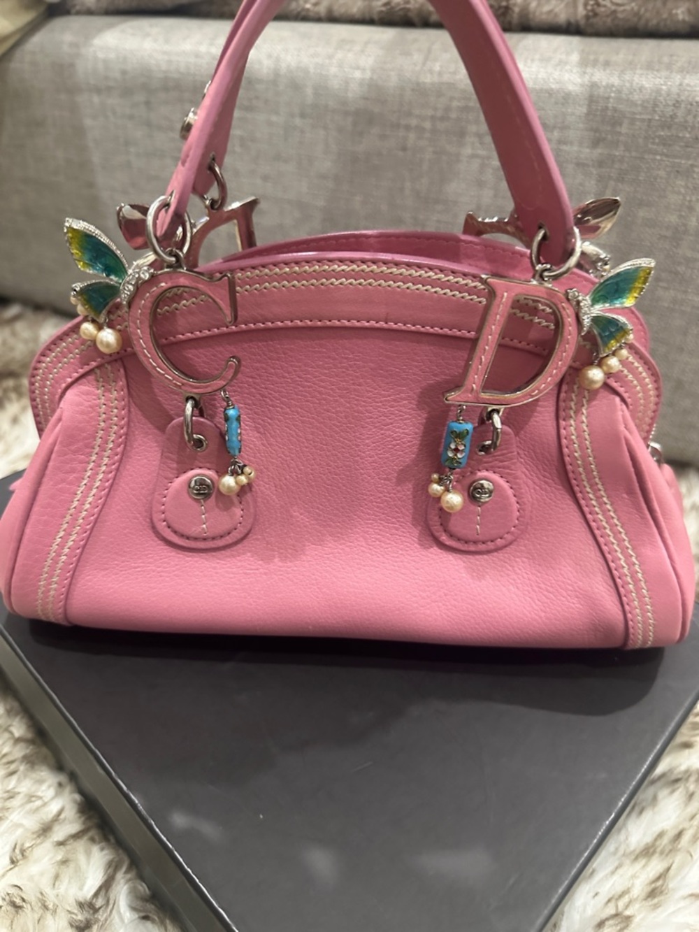 RARE DIOR limited edition CD logo Pink Leather w/ Butterfly diamond Pearl Charms